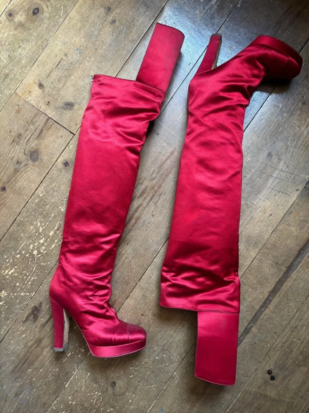 Chanel Red Satin Thigh-High  Boots Size 39 Comfortable Fit